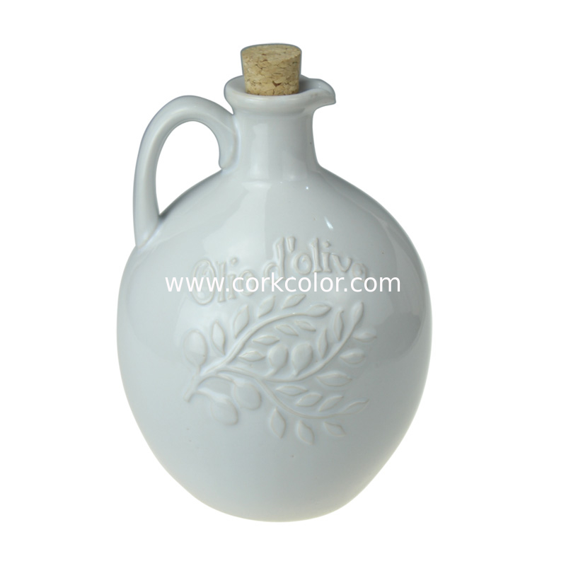 White glazed olive ceramic oil bottle with cork stopper