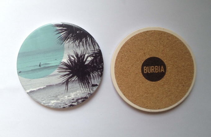 Round ceramic coaster with cork backing and UV printed/ silkscreen logo