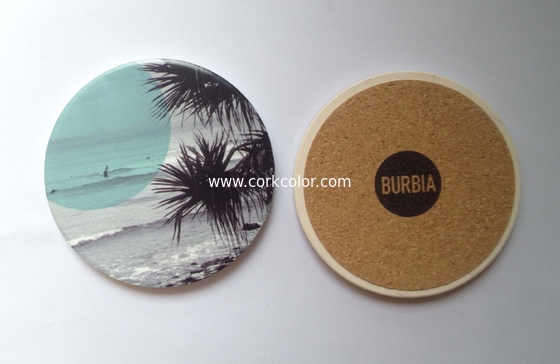 Round ceramic coaster with cork backing and UV printed/ silkscreen logo