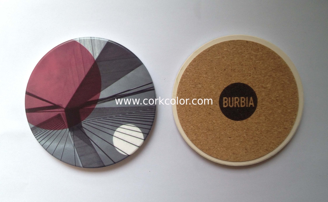 Round ceramic coaster with cork backing and UV printed/ silkscreen logo