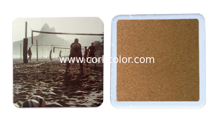 Square ceramic coaster with round corner,cork backing and UV printed/ silkscreen logo