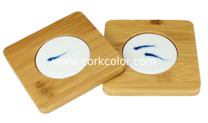 Square ceramic coaster with Bamboo base, customized design is acceptable