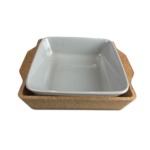 Ceramic dish with cork tray/cork base 21.5*22.5*5.5cm